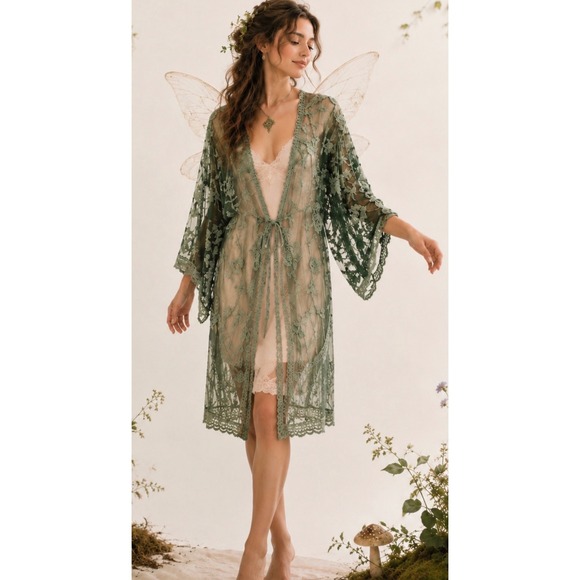 Mi Ami Tops - Mi Ami Green Lace Duster Top Embroidered Boho Forest Fairy Victorian Small